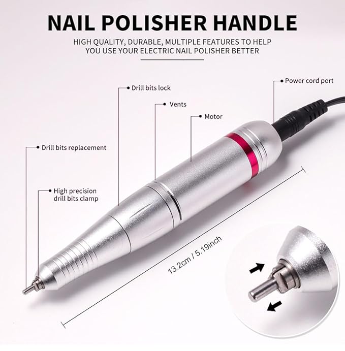 ANRLO Professional Electric Nail Drill, 45000 RPM Cordless Rechargeable E-File Machine, with 12 Bits, Sanding Bands, LCD Display for Acrylic Gel Nails (DMJ-204-White-US)