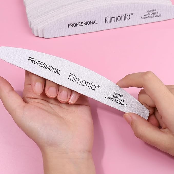 Klimonla 25pcs Professional Half Moon Nail Files Emery Board Set 180/240 Grit Dual-Grit Buffer Files for Natural & Acrylic Nails Tools Suit for Home Salon