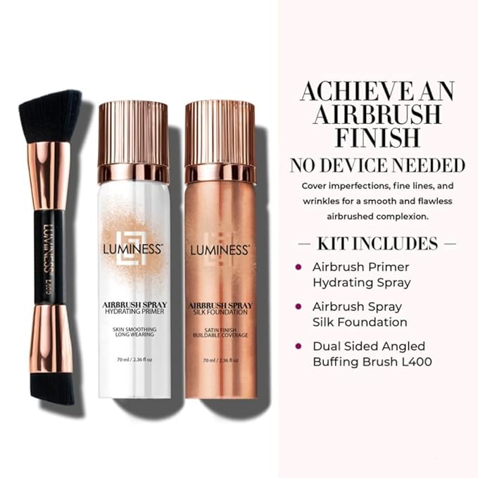 LUMINESS Airbrush Spray Silk Foundation Starter Kit - Deep - Foundation, Primer & Dual-Sided Angled Buffing Brush - Medium, Buildable Coverage, Anti-Aging Formula Hydrates & Moisturizes