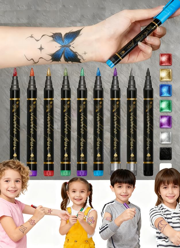 SkinCraft - Safe Temporary Tattoo Pens, Skin Craft Tattoo Markers, 10 Vibrant Colors Body Markers with Reusable Stencils, Skin-Friendly Waterproof Face Paint for Kids Teens Adults Party (1Pcs)