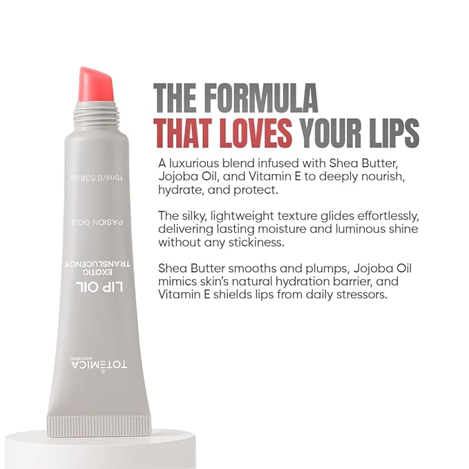TOTEMICA Lip Oil for women by Ana Patricia, Hydrating Exotic Translucency, Glossy Lip Balm Shine with Shea Butter & Jojoba Oil, Non-Sticky Lip Gloss Nourishing Finish | 0.53 oz - Passion Goji