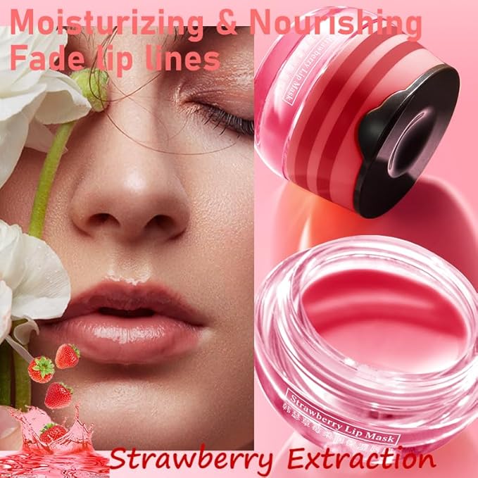 Honey & Strawberry Lip Balm Lip Mask, Hydrate Repair Prevent Dry Cracked Lip, Effective Reduces Lip Lines, Vitamin E Moisturizing Propolis Sleeping Lip Care