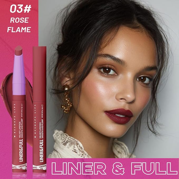 SUAKE 2-IN-1 Lipstick Lipliner, Velvet Matte Finish, Smooth & Plump, 12 Universal Lip Color-Nude Pink Rose Mauve Berry Plum, Creamy Formula for Lip Makeup, All-Day Wear, Cruelty-Free (#03 ROSE FLAME)