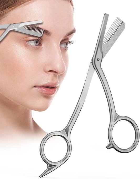 BALUCA Eyebrow Scissors with Comb | Professional Stainless Steel Eyebrow Trimmer for Women & Men | Dual-Design Precision Eye Brow Trimmer Scissors for Effortless Grooming, Silver (Silver)