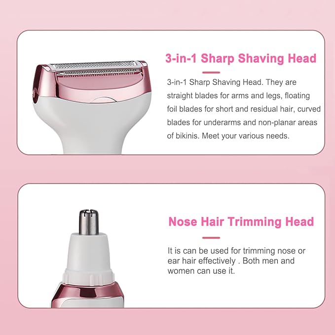ANFOOS Electric Razor for Women,Hair Trimmer for Face Nose Eyebrow Beard Mustache Arm Leg Armpit Bikini,Painless Rechargeable Portable 4 in 1 Womens Body Shavers Set