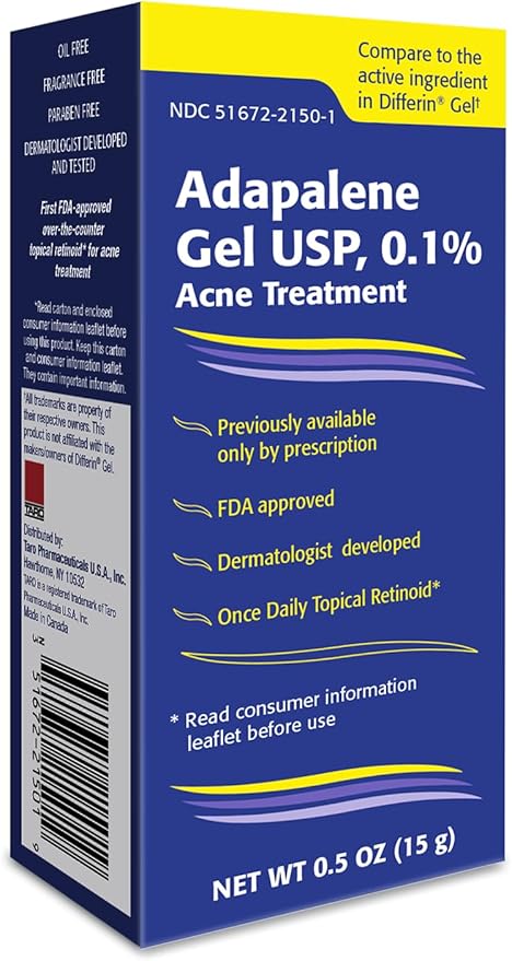 TARO Adapalene 0.1% USP Gel, Paraben Free, Retinoid Acne-Prone Facial Treatment for Sensitive Skin, Prescription Strenght (0.5)