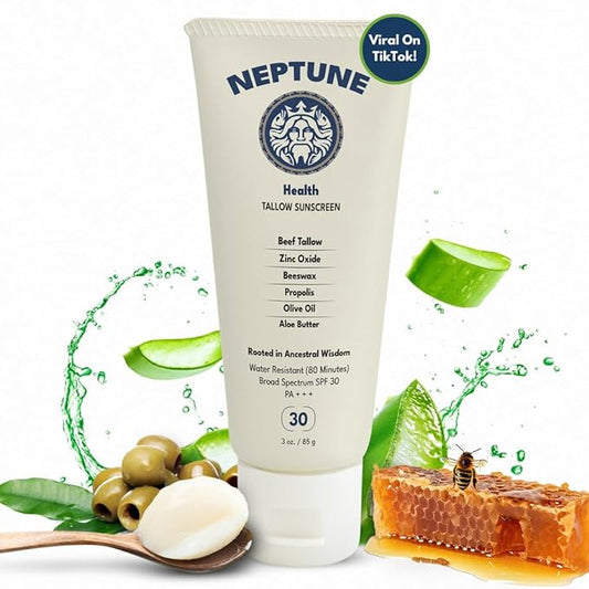 Neptune Non-Toxic Sunscreen - Grass Fed Beef Tallow, Zinc Oxide Mineral Based Sunscreen with Propolis for Skin Healing and Moisturization