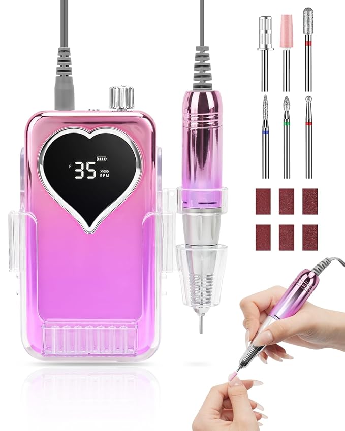 Electric Nail Drill Professional: Rechargeable Nail File with Bits for Acrylic Gel Nails, Professional Nail Drill Manicure Pedicure Polishing Shape Tools for Home Salon (Purple)