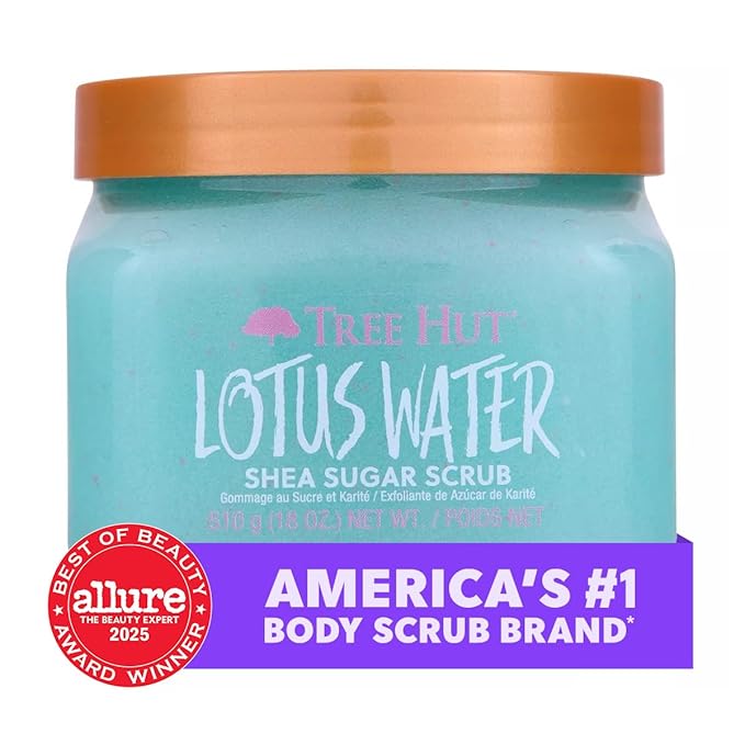 Tree Hut Lotus Water Shea Sugar Scrub, Exfoliating, Hydrating & Moisturizing Body Scrub with Shea Butter & Nourishing Essential Oils, Smooth & Soften Skin, 18 oz