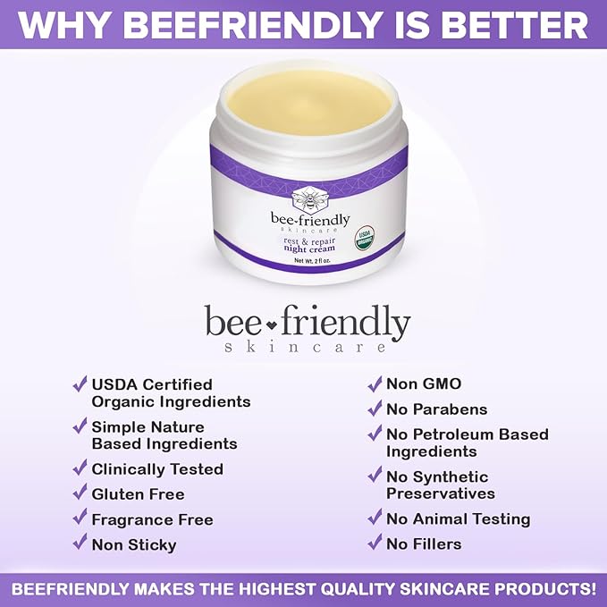 BeeFriendly Organic Night Cream, USDA Certified Organic, Deep Hydrating & Moisturizing Night Time Eye, Face, Neck & Decollete Cream for Women and Men, Anti Aging, Anti Wrinkle 4 oz - 2 Pack
