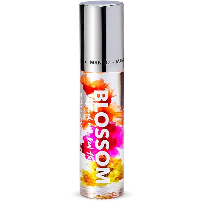 Blossom Roll on Lip Gloss, Scented Clear High Shine Moisturizing Lip Oil, Non Sticky, Infused with Real Flowers, Made in USA, 0.2oz, Mango