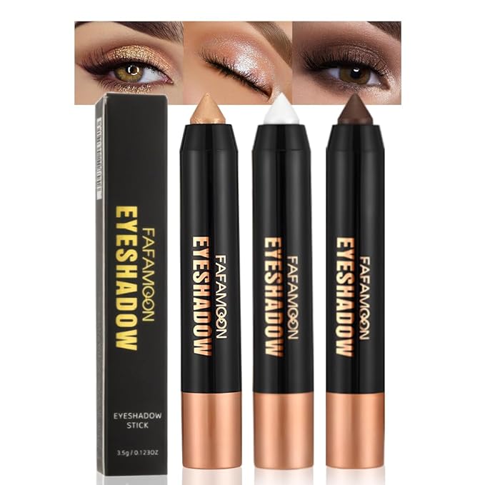 3Pcs Monochrome Cream Shimmer Glitter Eyeshadow Pencil Stick for Women, Eye Shadow Eyeliner Pencil Sticks Makeup, sombras para ojos, Waterproof, Vegan & Cruelty-Free, (01+02+06, 3Pcs)
