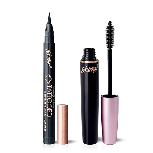 Skone Cosmetics Tattooed Eyeliner & Waterproof Mascara Bundle Duo - Pigmented Liquid Eye Liner & Quality-Smudge Proof Lashes Volumizing Mascara - Black Waterproof Eyeliner and Mascara Set