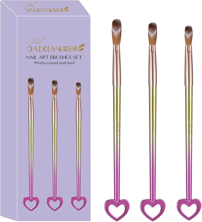 3Pcs Professional Acrylic Nail Brush Set, Size 8/10/14, Gradient Handle Heart-Shaped Nail Brushes for Acrylic Application Powder & Nail Extension, 3D Nail Carving Tools for DIY Home Salon