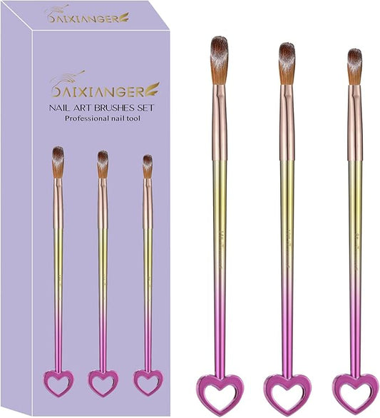 3Pcs Professional Acrylic Nail Brush Set, Size 8/10/14, Gradient Handle Heart-Shaped Nail Brushes for Acrylic Application Powder & Nail Extension, 3D Nail Carving Tools for DIY Home Salon