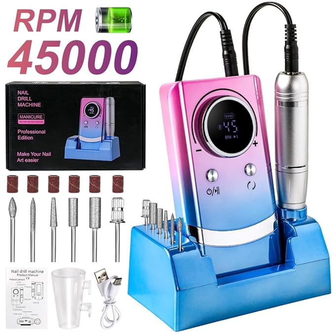 ANRLO Professional Electric Nail Drill, 45000 RPM Cordless Rechargeable E-File Machine, with 12 Bits, Sanding Bands, LCD Display for Acrylic Gel Nails (DMJ-V8-Color-USB)
