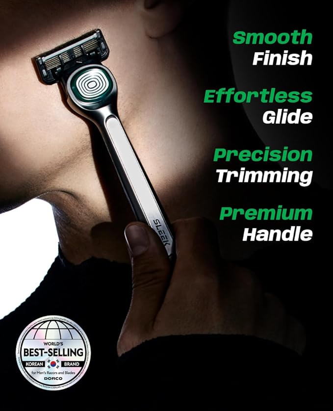 DORCO SLEEK 6 Blade Razor for Men with 2 Cartridges | Men's Cartridge Razors with Razor Handle and Smooth Shaving Blades | Men’s Razors with Multi-Flex Technology