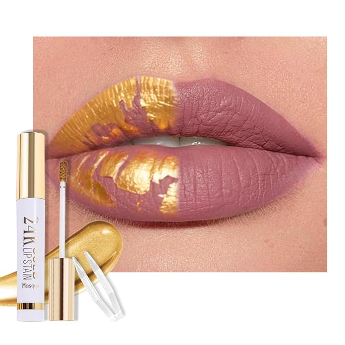 24K Gold Peel Off Matte Liquid Lip Gloss Stain-Lip Liner with Tweezer, Brownish Red Peel Off Lip Stain, Long Lasting & Waterproof Lipstick Tattoo, Transfer-Proof Lip Gloss for All Skin Types