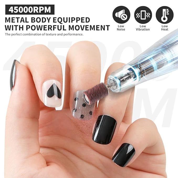 ANRLO Professional Electric Nail Drill, 45000 RPM Cordless Rechargeable E-File Machine, with 12 Bits, Sanding Bands, LCD Display for Acrylic Gel Nails (Metallic White)