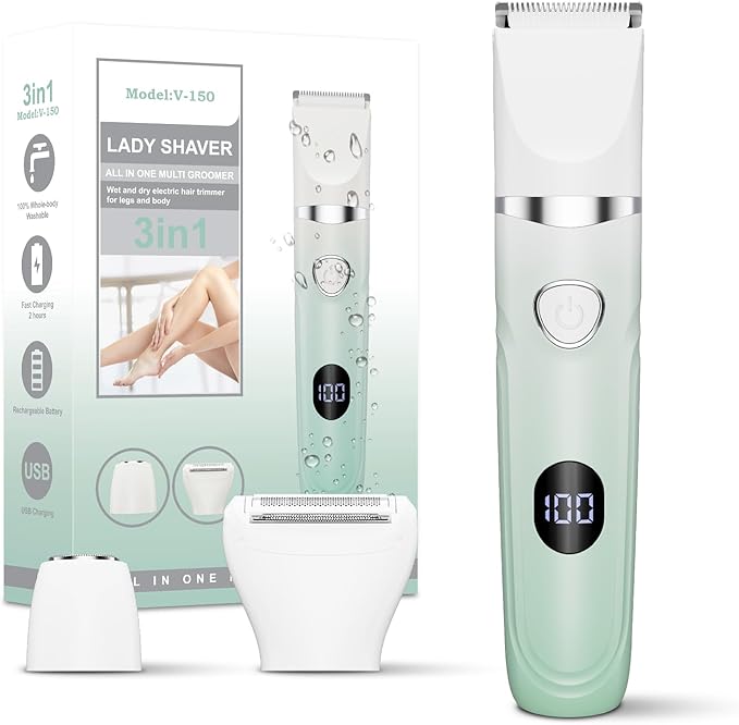 Bikini Trimmer for Women, 3-in-1 Electric Razors for Silk Skin, Wet/Dry Body Hair Shaver for Face Nose Eyebrow Arms Armpit Legs Pubic Area, Painless, IPX7 Waterproof, Ceramic Blade
