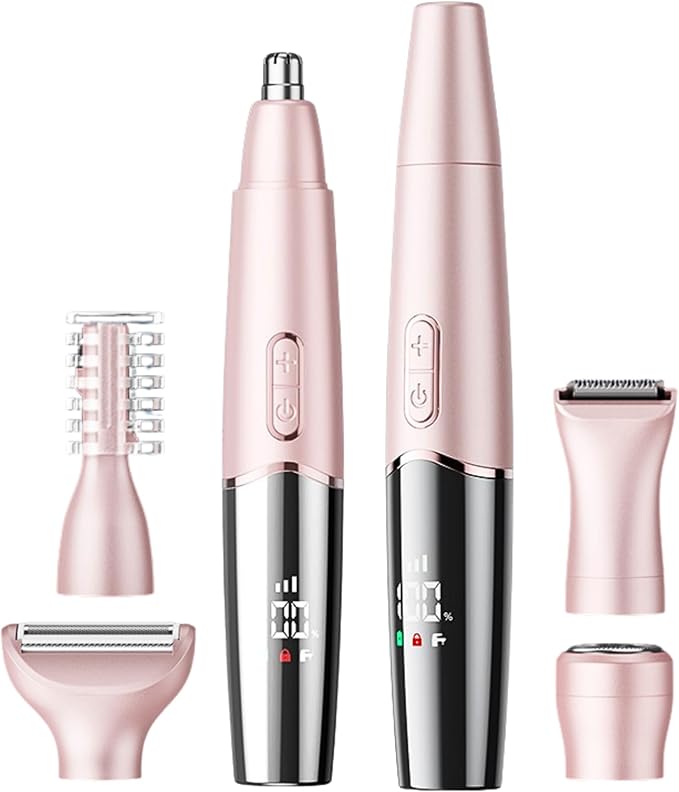 5-in-1 Rechargeable Nose & Facial Hair Trimmer - IPX7 Waterproof Dual Edge Grooming Kit for Men & Women, Perfect for Hair Removal of Nose, Eyebrows, Arm, Bikini, and Ear Hair (Pink)