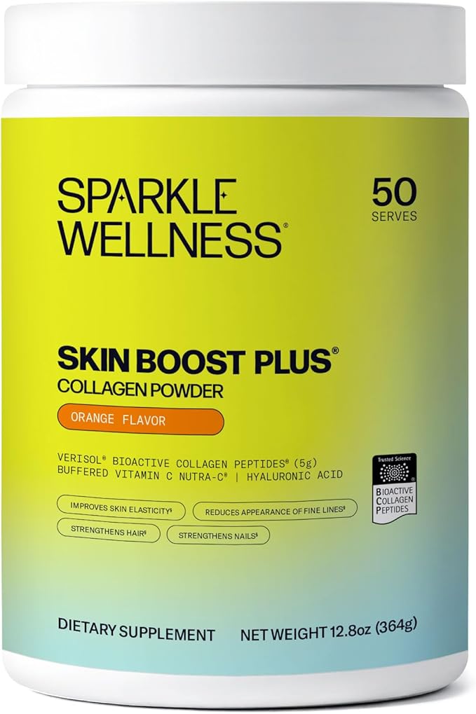 Sparkle Wellness VERISOL Bioactive Hydrolyzed Collagen Peptides | Collagen Powder Supplement with Vitamin C & Hyaluronic Acid for Hair, Skin, and Nail Health | Skin Boost Plus (Orange) [50-Serves]