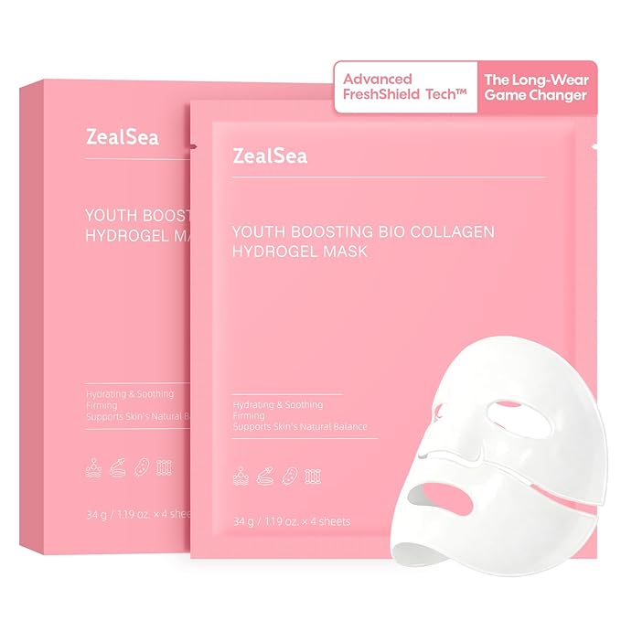 ZealSea Bio Collagen Wrapping Hydrogel Face Mask, Overnight Jelly Gel Sheet Mask for Glass Skin, Deep Hydration, Pore Care, Elasticity Improvement, Firming, Advanced Facial Skincare Solution, 4 Pack