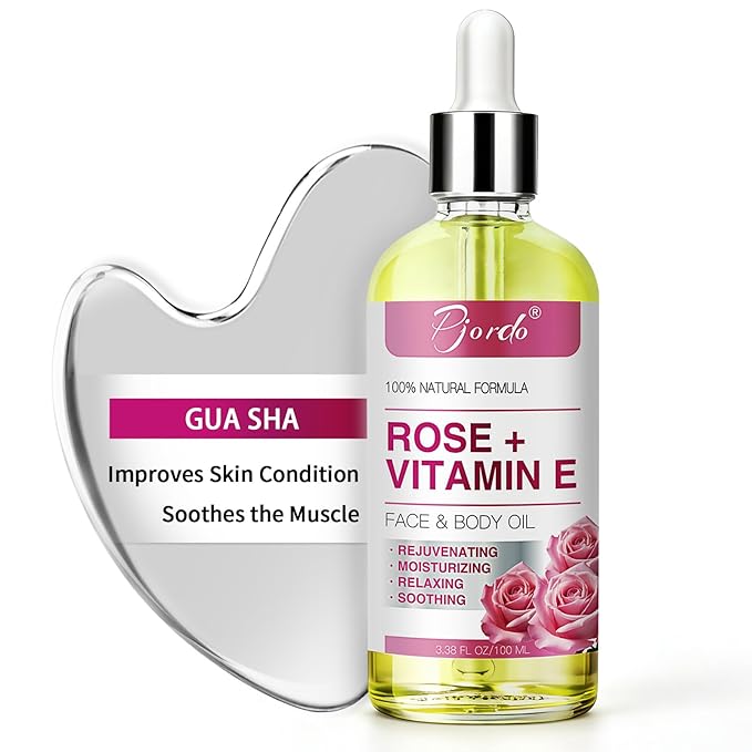 Vitamin E Rose Oil & Stainless Steel Gua Sha Facial Tools Set, Gua Sha & Vitamin E Oil for Face & Body, Moisturizing Skin, Relieving Muscle Fatigue & Improving Skin Elasticity