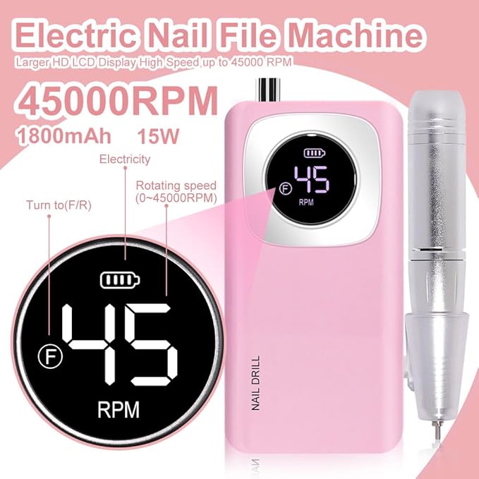 ANRLO Professional Electric Nail Drill, 45000 RPM Cordless Rechargeable E-File Machine, with 12 Bits, Sanding Bands, LCD Display for Acrylic Gel Nails (DMJ-V4-PINK-USB)