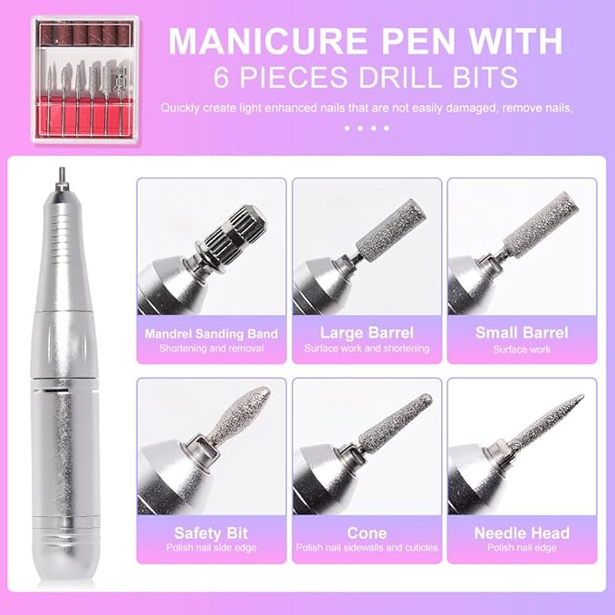 ANRLO Professional Electric Nail Drill, 45000 RPM Cordless Rechargeable E-File Machine, with 12 Bits, Sanding Bands, LCD Display for Acrylic Gel Nails (DMJ-V6-Purple)
