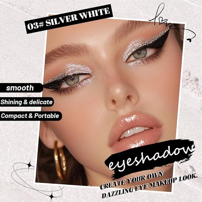 Sparkly Eyeshadow Palette for Women, Single Monochrome Eye Shadow Makeup, Shiny Pressed Cream Powder, Blendable Natural sombras para ojos, Holographic,Vegan,Travel (03-Glitter-Silver White)