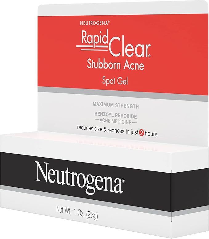 Neutrogena Rapid Clear Stubborn Acne Spot Treatment Gel, Maximum Strength 10% Benzoyl Per-oxide Treatment Medication for Acne Prone Skin, Pimple Cream Reduces Size & Redness, 1 oz