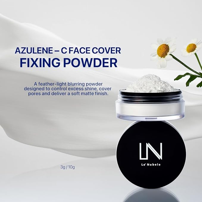 Le Nubele Azulene Face Cover Fixing Powder Translucent Setting Loose Powder for All Skin Types, Instant Blur Filter, Pore Cover, Soft-Focus Matte Finish, Korean Mini Makeup, Travel Size 3g / 0.10 oz