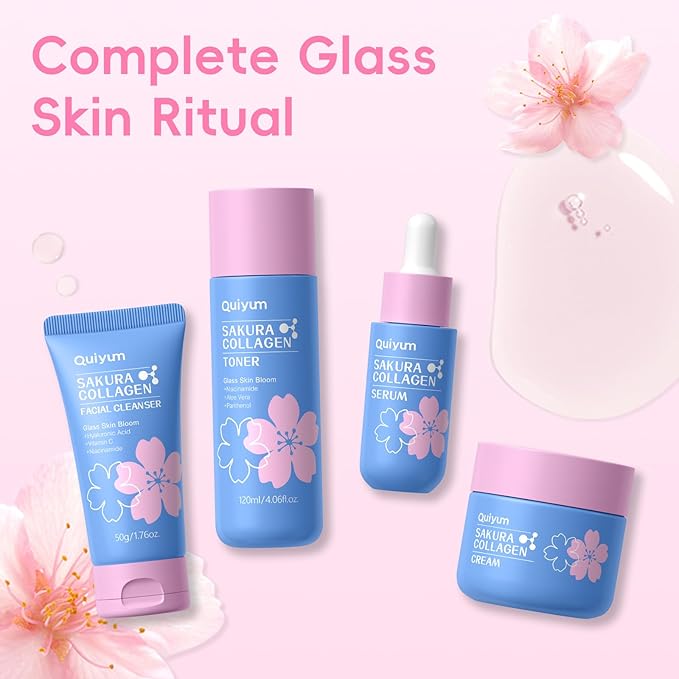 Sakura Collagen Skin Care Set - 6pcs Skincare with Facial Cleanser, Serum, Cream, Toner, Facial Brush, Bunny Hair Band & Makeup Bag, Deep Cleansing, Hydrating, Firming, Even Tone, Radiance
