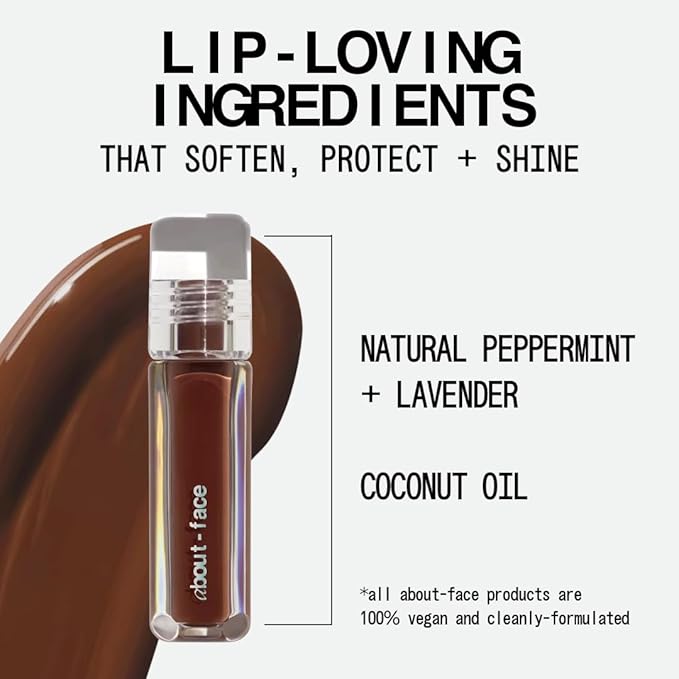 about-face Light Lock Lip Gloss Feel It All – Non-Sticky, High-Shine Lip Oil Gloss with Coconut Oil, Peppermint & Lavender – Vegan, Cruelty-Free, Clean Beauty – 0.21 oz (Milk Chocolate)