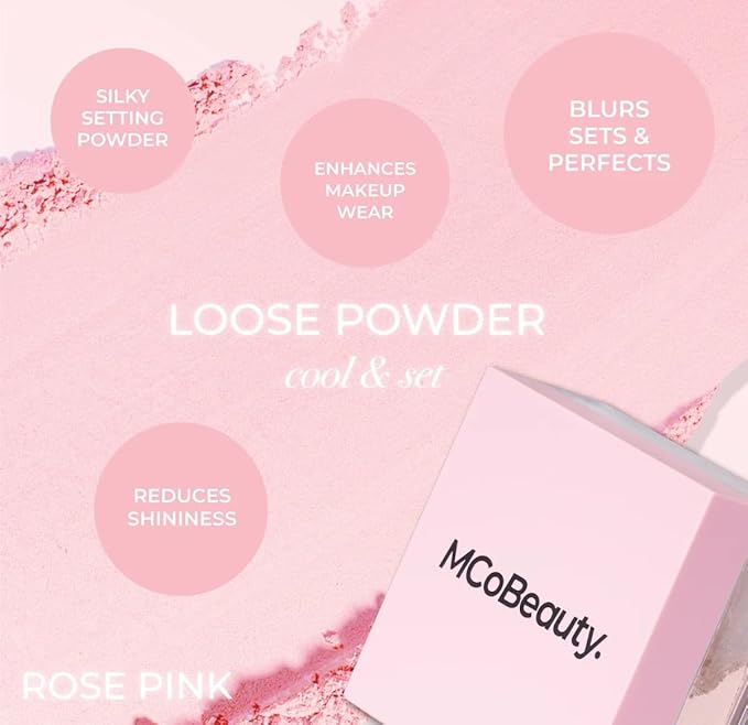 MCoBeauty - Loose Powder Cool & Set - Rose Pink Shade - Finely Milled Water-Based Setting Powder with Hyaluronic Acid, Glycerin & Vitamin E - Vegan, Cruelty Free Cosmetics - Face Makeup