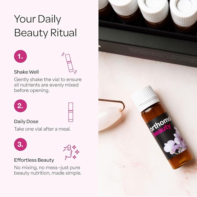 Orthomol Beauty Vial - Liquid Women's Beauty Supplement with Collagen Hydrolysate, Hyaluronic Acid, and Coenzyme Q10 for Hair, Skin, and Nail Health