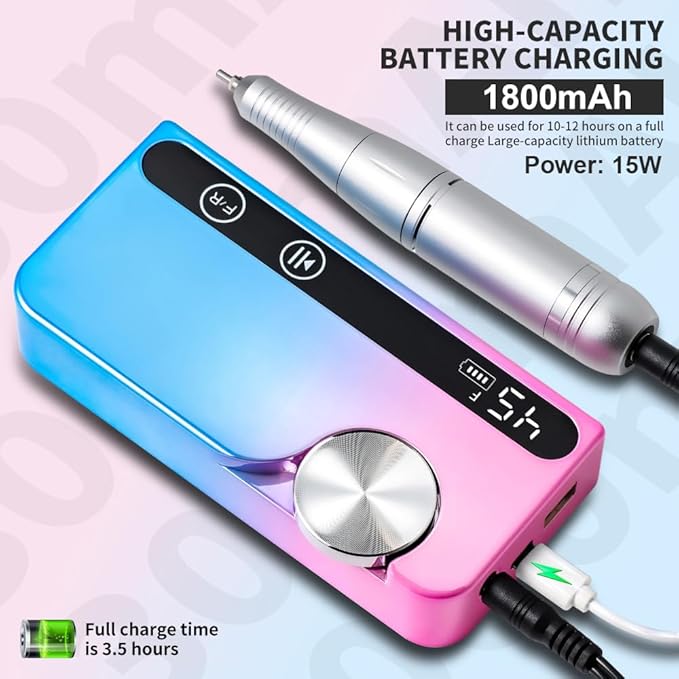 ANRLO Professional Electric Nail Drill, 45000 RPM Cordless Rechargeable E-File Machine, with 12 Bits, Sanding Bands, LCD Display for Acrylic Gel Nails (DMJ-V7-Color-USB)