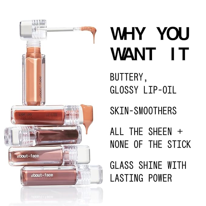 about-face Light Lock Lip Gloss Dare To Bare – Non-Sticky, High-Shine Lip Oil Gloss with Coconut Oil, Peppermint & Lavender – Vegan, Cruelty-Free, Clean Beauty – 0.21 oz (Caramel)