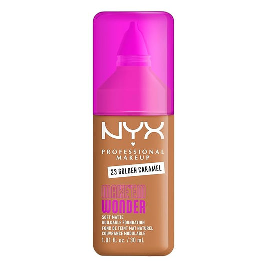 NYX PROFESSIONAL MAKEUP Make 'Em Wonder Liquid Foundation, 24HR Foundation Makeup With A Soft Matte Finish, Buildable Full Coverage - 23 Golden Caramel