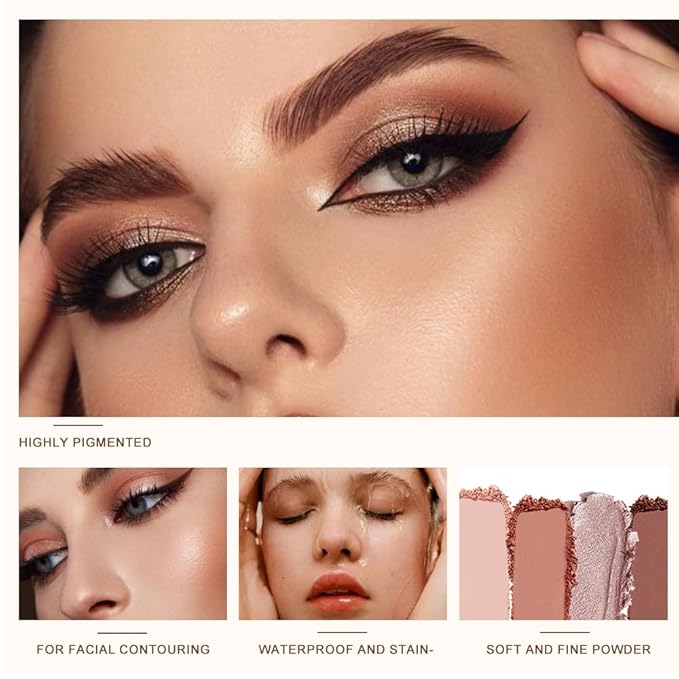 4 Color Eyeshadow Palette, Matte and Shimmer Powder Makeup, Highly Pigmented Blendable Shadows, Long-Lasting Waterproof, Natural Nude Brown Pink Shades (B-3#, 1 Count (Pack of 1))