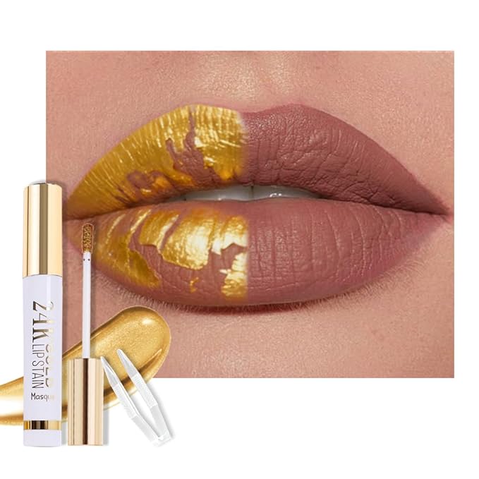 24K Gold Peel Off Matte Liquid Lip Gloss Stain-Lip Liner with Tweezer, Brown Peel Off Lip Stain, Long Lasting & Waterproof Lipstick Tattoo, Transfer-Proof Lip Gloss for All Skin Types