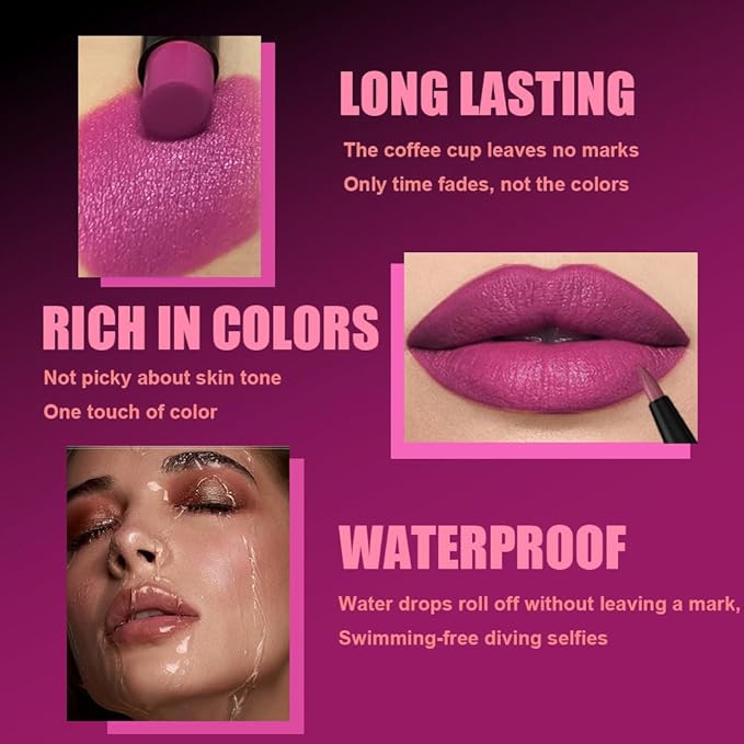 AMY'S DIARY 2Pcs Pink Purple Lipstick and Lip Liner Combo, Lip Liner and Lip Stick Kit for Women, Matte Lip Pencil and Smooth Hydrating Lipstick,Lip Makeup Set (03#Magenta Pink)