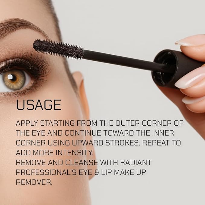Radiant Professional Studio Perfect Mascara Volume and Length – Smudge-Proof, Cruelty Free, Lengthening Mascara with Silicone Brush & Natural Wax – Black (01), 0.30 oz