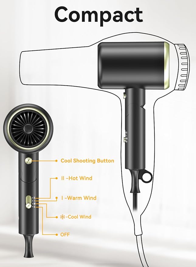 Hair Dryer, 150000RPM Ionic Blow Dryer - Fast Drying, Low Noise, Foldable Portable with Diffuser and Nozzle, Compact Mini for Women and Men, Home and Travel - Black