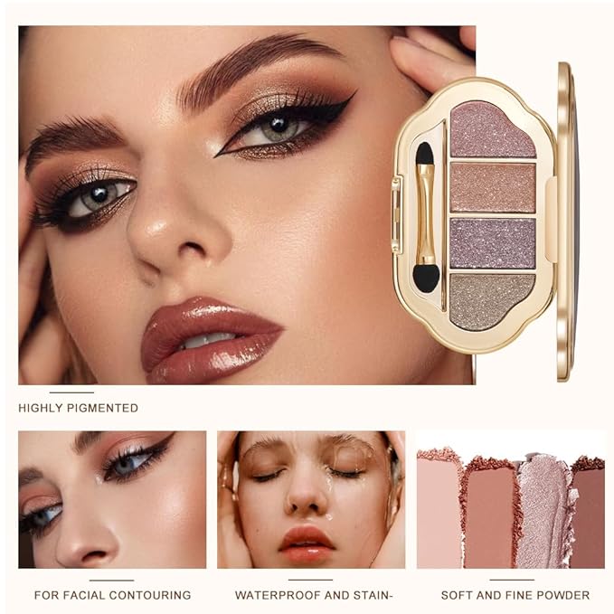 4 Color Eyeshadow Palette, Matte and Shimmer Powder Makeup, Highly Pigmented Blendable Shadows, Long-Lasting Waterproof, Natural Nude Brown Pink Shades (6#, 1 Count (Pack of 1))