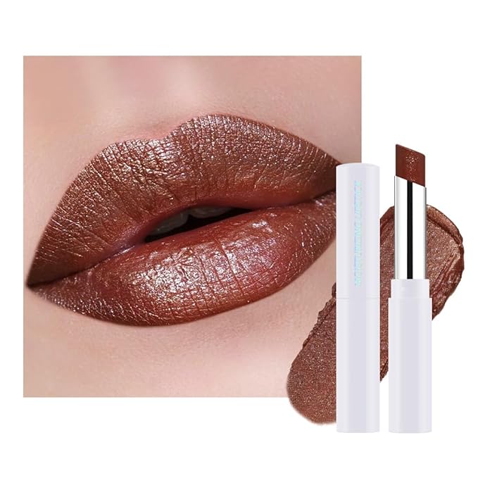Dark Brown Shimmer Metallic Moisturizing Glow Plumping Lipstick Makeup, Lipstick with Metallic 3D Shine Lightweight Hydrating Formula, Glitter Lip Gloss Stain Long Lasting Waterproof (11#Dark Brown)