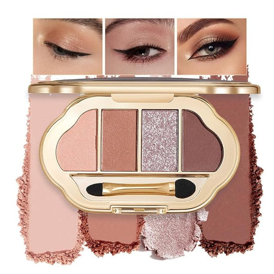 4 Color Eyeshadow Palette, Matte and Shimmer Powder Makeup, Highly Pigmented Blendable Shadows, Long-Lasting Waterproof, Natural Nude Brown Pink Shades (4#, 1 Count (Pack of 1))