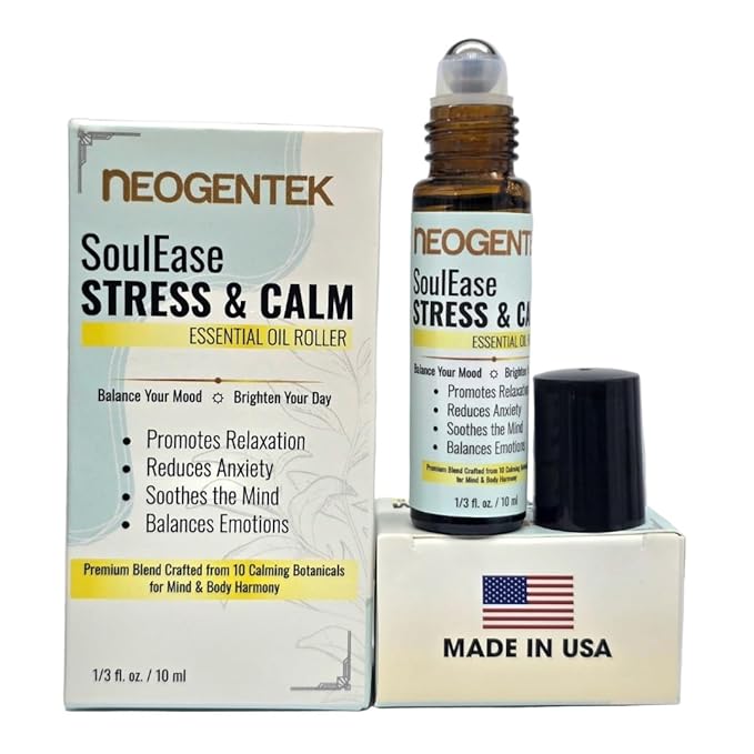 SoulEase Stress & Calm Essential Oil Roll On – Made from 10 Premium Calming Botanicals – Soothing Floral • Warm Wood • Gentle Citrus – 100% Natural Oil – Made in USA 10ML (SoulEase Stress & Calm)