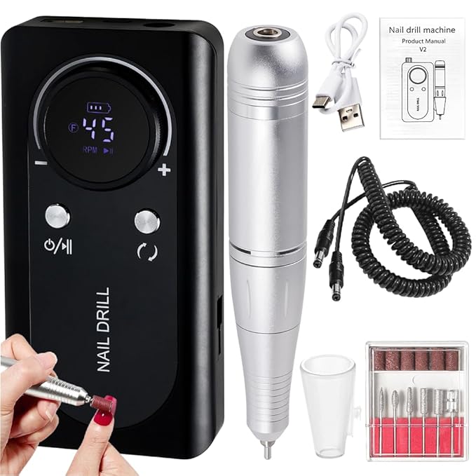 ANRLO Professional Electric Nail Drill, 45000 RPM Cordless Rechargeable E-File Machine, with 12 Bits, Sanding Bands, LCD Display for Acrylic Gel Nails (DMJ-V2-Black-USB)